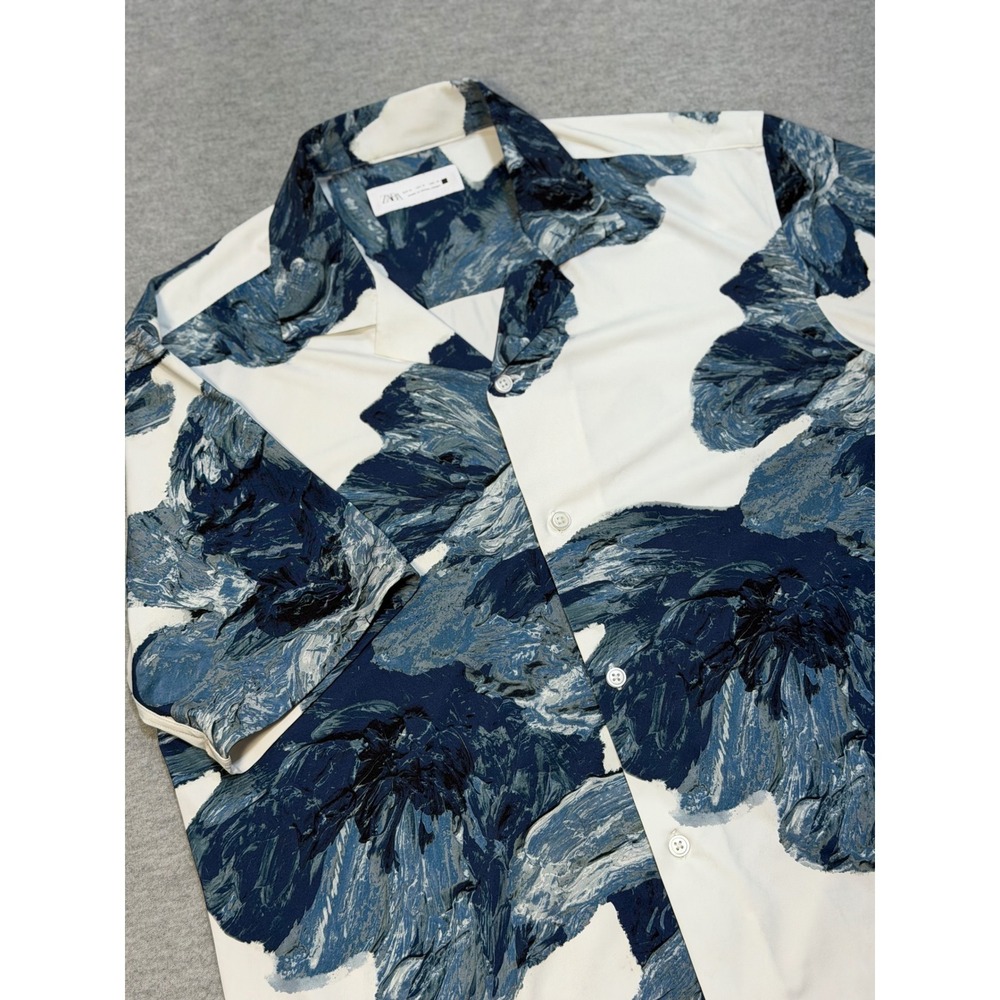 Zara Mens Abstract Floral Print Short Sleeve Camp Collar Button Up Shirt Size M